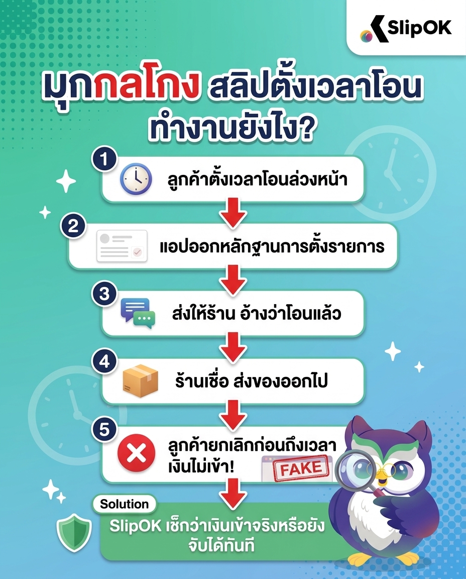 รู้ทันมุกกลโกง ตรวจสลิป ตั้งเวลาโอนล่วงหน้า
