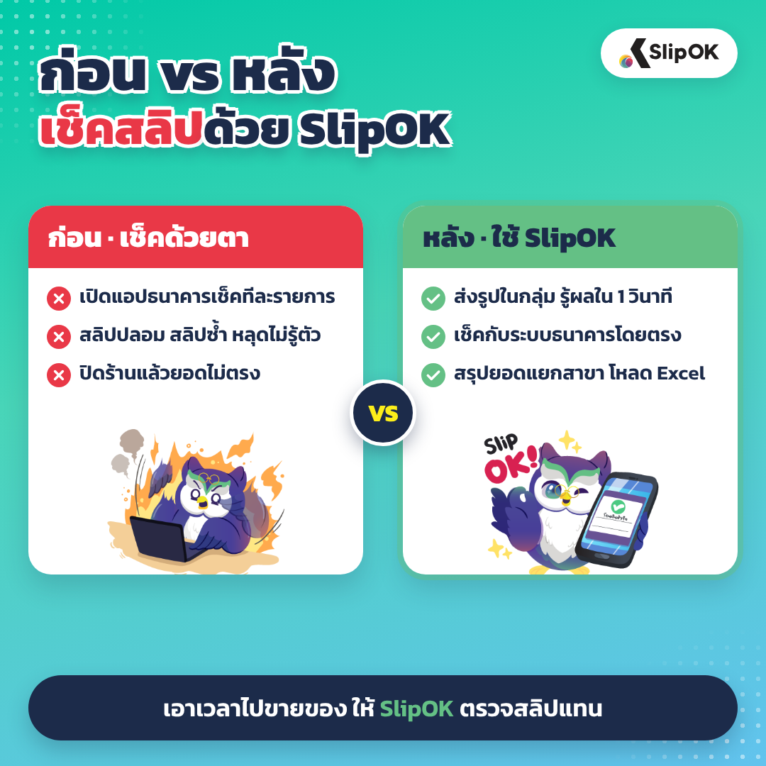 เปรียบเทียบการเช็คสลิปโอนเงินก่อนและหลังใช้ SlipOK